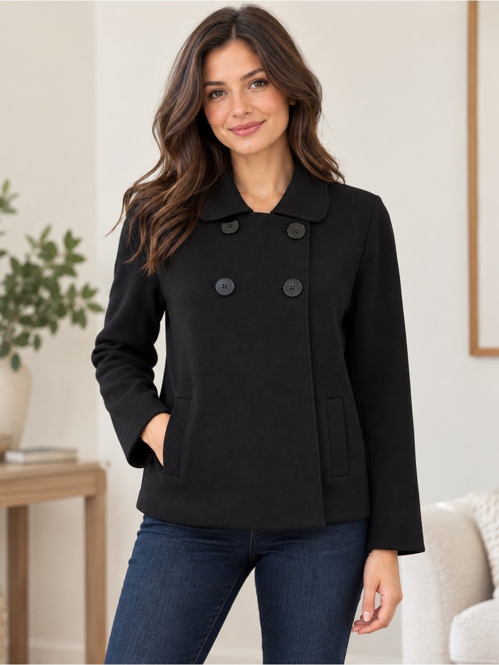Talbots Petite Black Double Breasted Cotton Knit Jacket Blazer Classic Preppy PL
